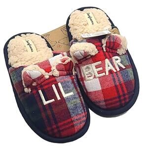 DearFoams Kids Slippers Size 9-10 Plaid Lil Bear Memory Foam Cozy House Shoes